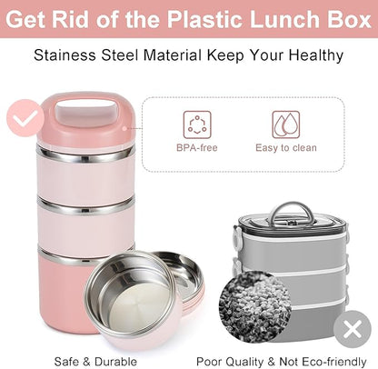 Lille Home 3-Layer Stainless Steel Lunch Box 1.43L- Leakproof, BPA-Free Insulated Bento Box for On-the-Go Meal Prep, Stackable Food Container for Women & Men