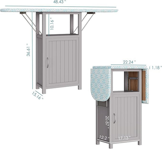 Ironing Board with Storage Cabinet, Folding Ironing Board with Extra Storage, Solid Wood Fold Down Ironing Station with Heat-Resistant Sponge for Small Spaces, Laundry Room (Brown Grey)