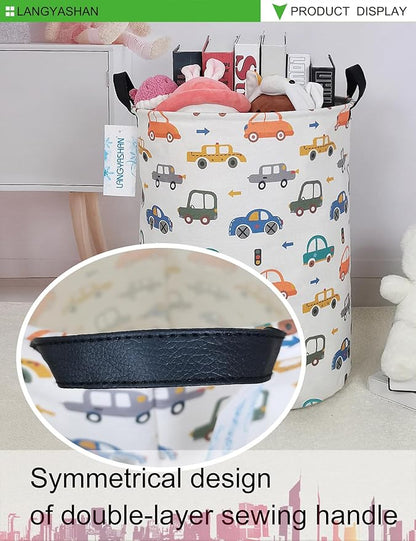 LANGYASHAN Laundry Basket Canvas Fabric Collapsible Organizer Basket for Storage Bin Toy Bins Gift Baskets Bedroom Clothes Children Nursery Hamper (Round Color Cars)