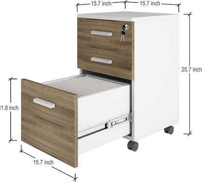 Modern Design Lazio File Cabinet, Filing Cabinets for Home Office, Drawers for Under Desk, Locking 3 Drawer Rolling Filing Cabinet with Lock, Walnut and White, by Crafts and Comfort