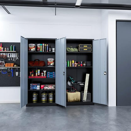 Metal Garage Storage Cabinet, 71" Tall Cabinet with 4 Adjustable Shelves, Metal File Cabinets with Lockable Doors for Garage, Home Office, Gym, School, Utility Room (Grey Black, Assembly)