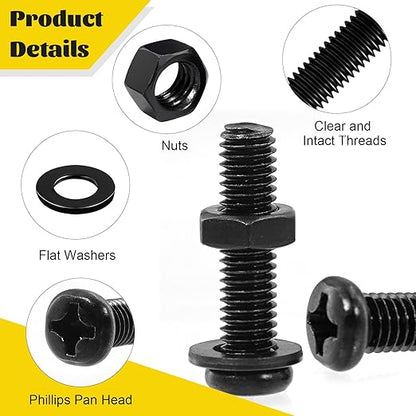 225pcs Screws and Nuts Assortment Kit,M4 M5 M6 Phillips Pan Head Assorted Nuts and Bolts,Washers Kit for Headboard, Wall Plate Switch, Receptacles Mounting Screws Black