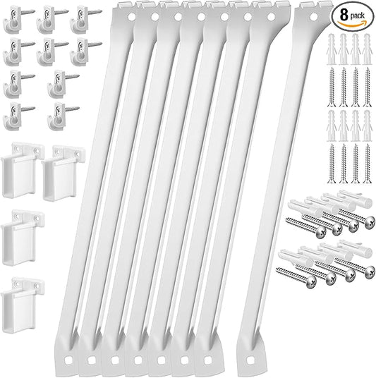 8 Pcs Wire Shelf Brackets, 12 Inch White Shelf Support Bracket for Wire Shelving with 10 Wires Shelves Clips and 4 End Brackets, Metal Closet Support Bracket for Closet Shelves Racks and Wardrobe