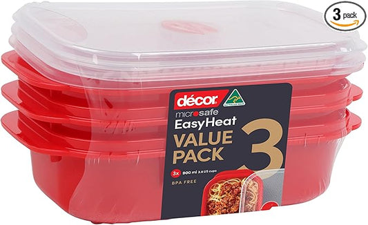 Décor Microwave Food Containers Set | 3 Pack - 3 x 900ml | Steam Release Vent | Dishwasher & Freezer Safe | Red