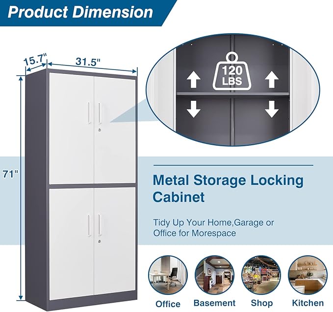 Metal Storage Cabinet with Lock, 71" Tall Steel File Locker with 2 Adjustable Shelves and 4 Doors, Tall Cabinet for Office, Garage, Home, Pantry (Grey White)