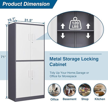 Metal Storage Cabinet with Lock, 71" Tall Steel File Locker with 2 Adjustable Shelves and 4 Doors, Tall Cabinet for Office, Garage, Home, Pantry (Grey White)