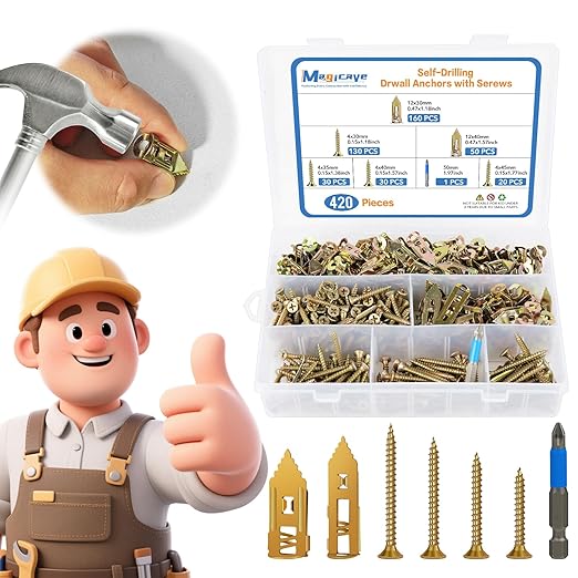 420 Pcs Self Drilling Drywall Anchors with Screws Kit, 2 Sizes Drywall Anchors and 4 Sizes Zinc Plated Screws, Holds Up to 100lbs, No Pre-Drill Needed, for TV, Shelf Straps, Picture Frames