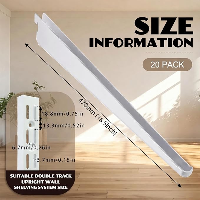 20 Pcs Adjustable Shelf Brackets for Double Track System Closet Organization Heavy Duty Wire Shelf Brackets (White,18.5inch)