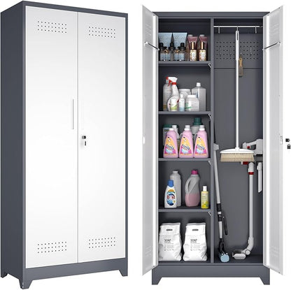 GREATMEET Tall Metal Utility Storage Cabinet for Cleaning Supplies & Tools, Garage Organizer with Adjustable Shelves, Pegboard Back Panel & Tool Hanging Bars, Grey White