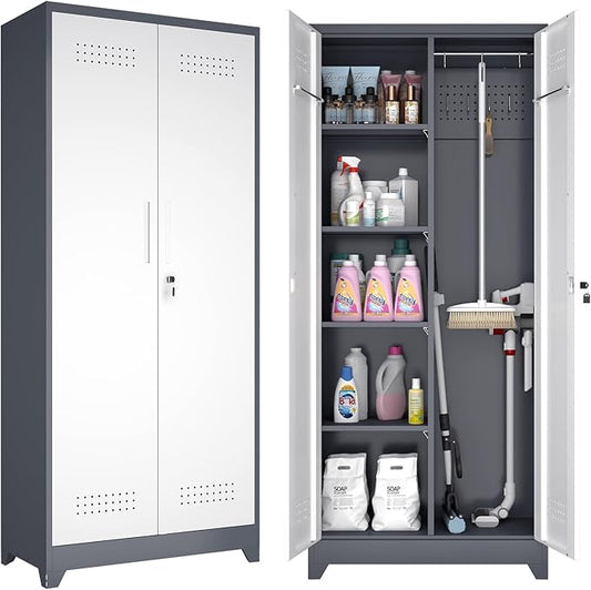 GREATMEET Tall Metal Utility Storage Cabinet for Cleaning Supplies & Tools, Garage Organizer with Adjustable Shelves, Pegboard Back Panel & Tool Hanging Bars, Grey White