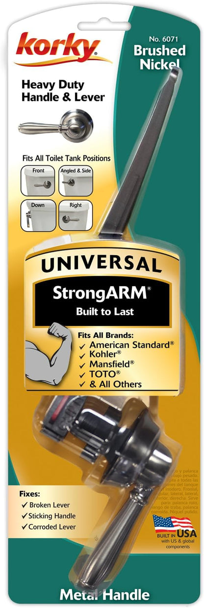 Korky Strong Arm Metal Toilet Handle and Lever - Universal to Fit Front, Angled, Side, Left, and Right Mount Toilets - Brushed Nickel, Faucet Style, 6071BP