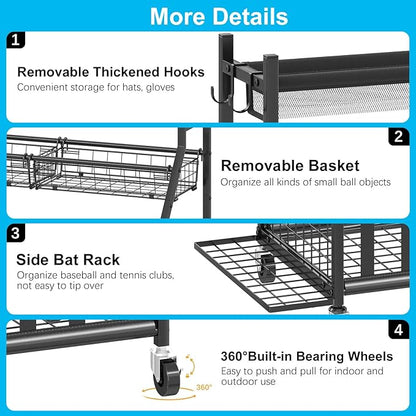 Garage Sports Equipment Organizer,Sports Ball Organizer with Wheels,Basket,Ball Organizer with Baseball Bat Rack and HooksToy Storage Rolling Cart-Black
