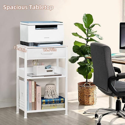 Lerliuo White Side Table Set of 2,3 Tier Industrial Printer Stand with Fabric Drawer,Modern Tall Printer Desk Holder with Storage Shelf,Bedside Tables for Home Office Fax Machine Scanner