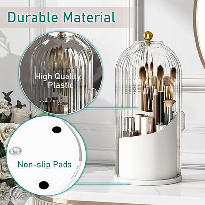 GAXmi Makeup Brush Holder with Lid Cosmetic Tools Organizer 360 Rotating Waterproof Dustproof Beauty Brushes Storage for Vanity, Transparent