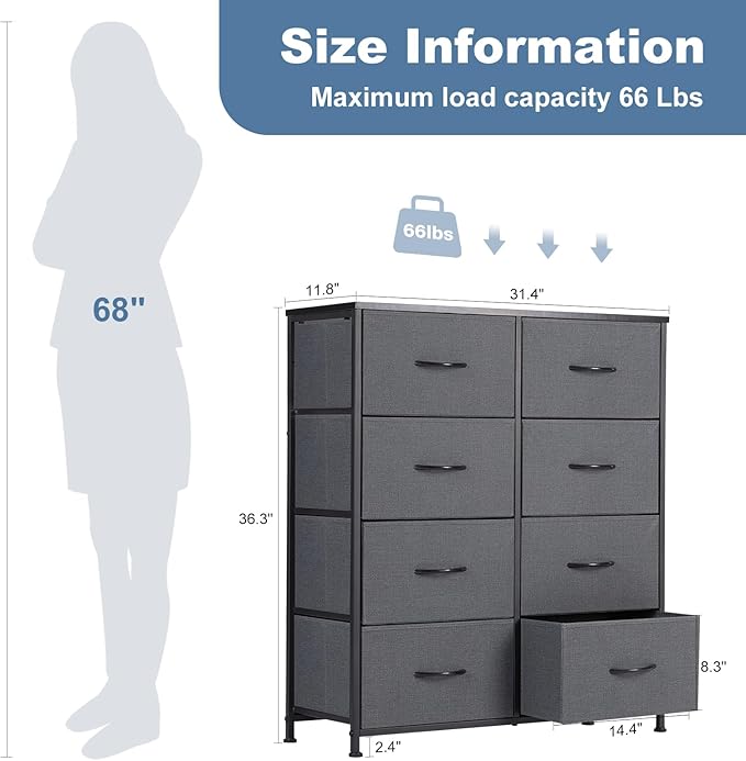 DUMOS 8 Drawer Dresser for Bedroom, Fabric Storage Organizer with Sturdy Metal Frame, Wooden Top Chest of Drawers for Closet Entryway Guest Room, Grey