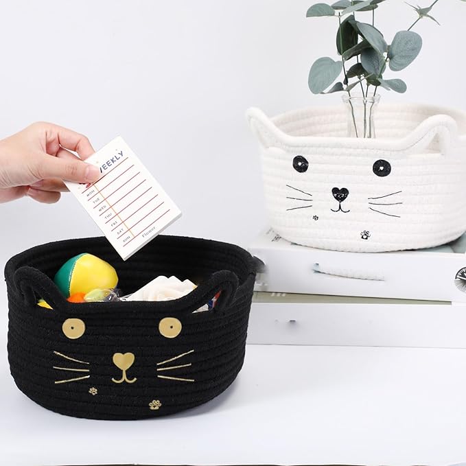 Zopeal Cat Basket Storage Woven Organizer with Ears Easter Decorative Gift Pet Toy Cute Cotton Rope Basket for Gift Cat Dog Toy Bin Nursery Room(8.3 x 4.7 Inch,Black)