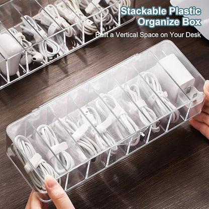 See-Through Cable Organizer Box Wire Management Case Data Cord Organizer Storage,8 Compartment Storage Boxes with 10 Wire Ties,Plastic Clear Lids Terminal Case Small Lipstick Cosmetic Storage Box