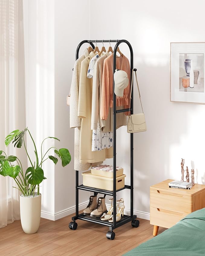 Clothes Rack - Space-Saving Clothing Rack with Wheels, 2-Tier Dense Mesh Shoe Shelves & 4 Hooks, Garment Rack for Bedroom, Entryway, Closet, 18.4" x 12.6" x 72", Black