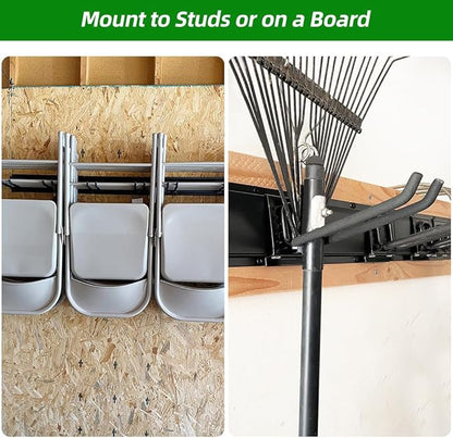 Garage Organization, Garage Wall Organizer with 48 inches Rails and 6 Hooks, Tool Organizers Heavy Duty, Shovel Holder Wall Mount Max Load 360 LBS, Sturdy Garden Tool Rack for Folding Chairs