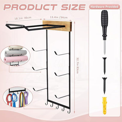 Geelin Yoga Mat and Ball Holder Wall Mount, 4 Tiers Yoga Mats and Ball Storage Rack, Home Gym Accessories Organizer, Black Metal Floating Shelf & 5 Hooks for Hanging Foam Rollers and Resistance Bands