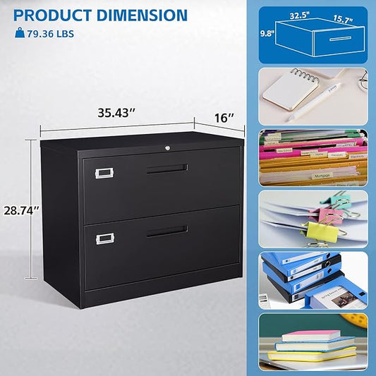 2 Drawer Lateral File Cabinet Metal Filing Cabinet with Lock Office Home Steel Lateral File Cabinet for A4 Legal/Letter Size Lockable Wide Metal Cabinet,Assembly Required(2 Drawer, Black)