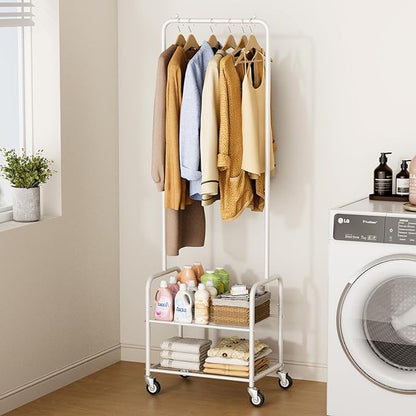 AOODA Small Clothes Rack with Shelves, Metal Sturdy Rolling Clothing Racks for Hanging Clothes, Portable Garment Rack with Wheels for Shirts, Coats, Shoes, Bags (White)