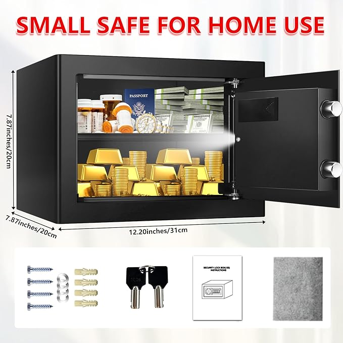 Small Safe for Home Use, Digital Security Safe Box with Combination Lock, Removable Shelf and Spare Keys, Anti-theft Steel Document Safes for Valuable, Money, 12.2" W x 7.87" D x 7.87" H