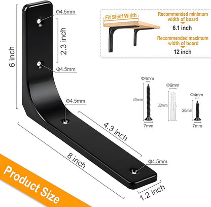 Black Wall Shelf Brackets, 8 x 6 Inch Iron Metal Shelf Brackets L Shaped Corner Support Brackets for DIY Floating Shelf, 4 PCS