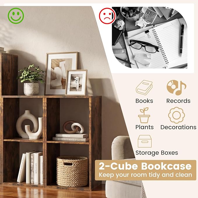 Giantex 2-Cube Bookcase, Cubby Bookshelf w/Back Guardrail & Anti-Tipping Kits, 3-Tier Freestanding Storage Organizer with Shelves, Open Back Display Rack for Living Room, Bedroom, Rustic Brown