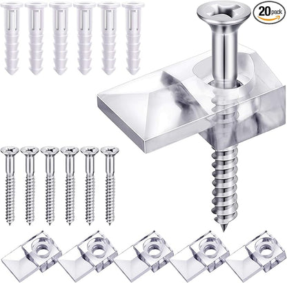 Blulu 20 Pack Mirror Holder Clips for 6 mm in (6/25) Glass Mirror Hanging Kit for Wall Mounting Hanging Retainer Fasteners with Screw and Anchors for Fixing Cabinet Door(Classic Style)