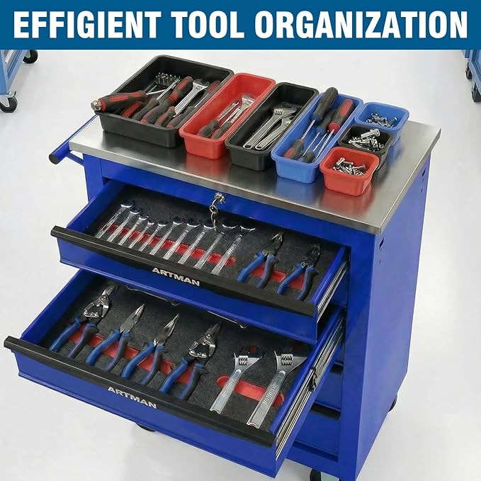 5-Drawer Rolling Tool Chest with Stainless Steel Countertop,Tool Chest with Secure Locking System,Mobile Storage Tool Cabinet with 360°Wheels and Padded Feet,for Home,Garage (Blue)