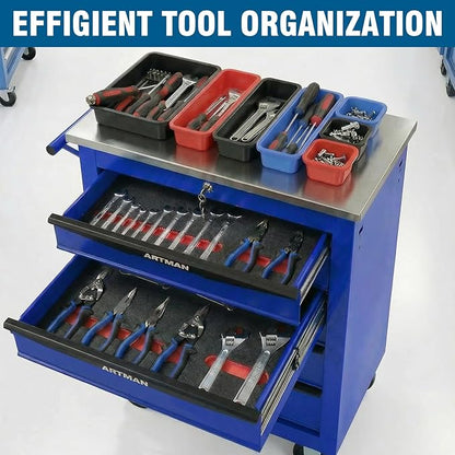 5-Drawer Rolling Tool Chest with Stainless Steel Countertop,Tool Chest with Secure Locking System,Mobile Storage Tool Cabinet with 360°Wheels and Padded Feet,for Home,Garage (Blue)