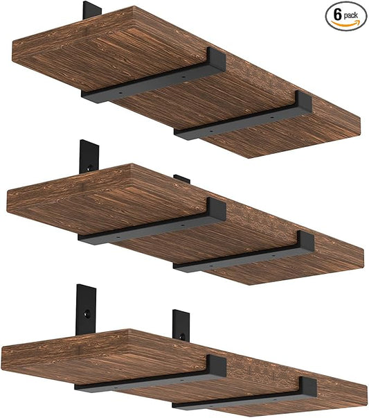 Shelf Bracket, Heavy Duty Floating Shelf Brackets 10-Inch Long, 6-Pack Brackets for Shelves, Black Coated J Shape Metal Wall Shelf Support Brackets with 1/5-Inch Thick and 160 lb. Load Capacity