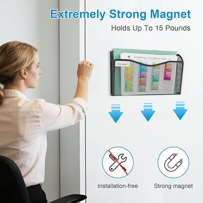 Magnetic Wall File Holder 3-Pack - Mesh Organizer with Strong Magnets for Office, Home & School - Space Saving Black Document Organizer