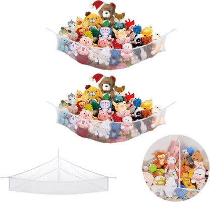X-Large Stuffed Animal Net Hammock Corner (Fixed Size Min 3’6” Right-angled Corner Space Each Side, Non-Stretchable) Toy Organizer for Plushies Teddy and Squishmallow (White 2 Pack, X-Large)