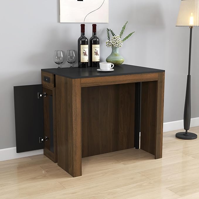 Extendable Dining Table, Transformer Console Table with Storage & Charging Ports, Folding Dining Table for 10-12 People, Space Saving Modern Furniture, Black
