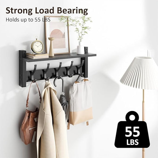 Coat Rack Wall Mount with Shelf, 17.1 Inch Coat Hanger Walls Mounted, Hat Rack for Walls, Shelf with 5 Coat Hooks, Wall Hanger for Entryway (Black)