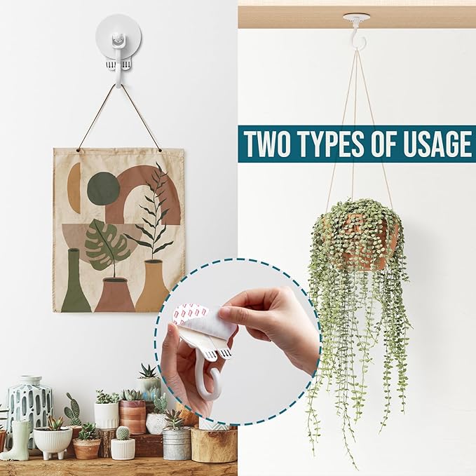 TAILI Adhesive Removable Wall & Ceiling Hooks for Hanging Plants, Heavy Duty No-Drill 360° Swivel Adjustable Sticky Wall Hooks Hanging Decor Lights Garland for Door Kitchen, Renter Friendly - 6 Pack