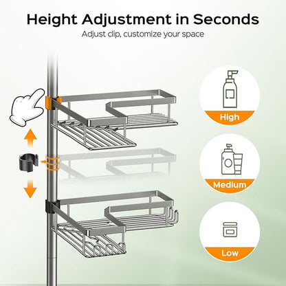 HAMITOR Shower Caddy Tension Pole: 4-Tier Corner Rustproof Bathroom Organizer with Soap Holder - No-Drill Adjustable Shower Shelf for Renters - Small Space Storage Rack for Apartment - 47-123 Inch