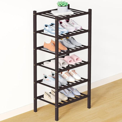 Smiry Bamboo Shoe Rack for Closet, 6 Tier Small Wooden Stackable Shoe Organizer, Free Standing Shoes Storage Shelf for Entryway, Front Door Entrance, Brown