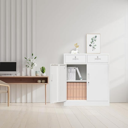 CMY Metal Storage Cabinet with Two Drawers, 36" H Steel Cabinets with Adjustable Shelf, Locking Storage Cabinet for Office, Garage, Home-White