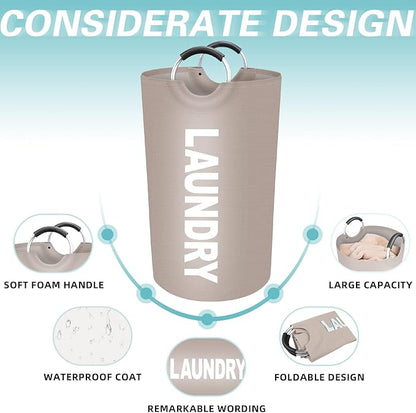 StorageRight 90L Large Laundry Basket, Laundry Hamper, Dirty Clothes Hamper for Laundry, Collapsible, Waterproof Laundry Baskets with Foam Protected Aluminum Handles for Laundry, Dorm, Family (Khaki)
