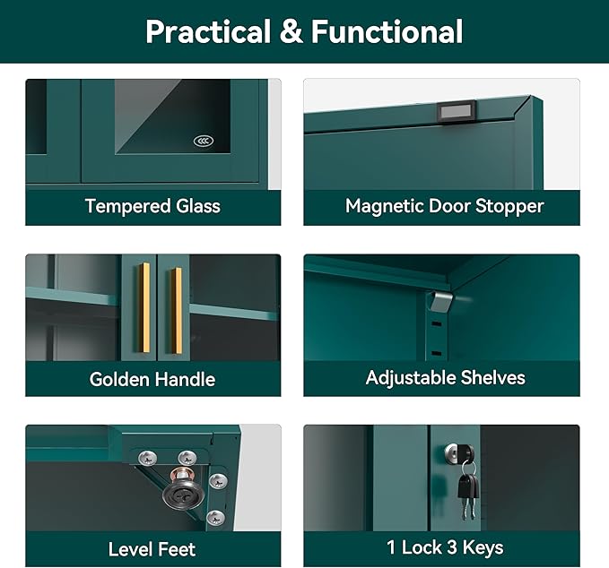 Curio Cabinets with Glass Doors, 71" Glass Display Cabinet with Lock, Tall Bookcase with Adjustable Shelves, Locking China Cabinet for Living Room, School, Commercial, Office, Plant, Green