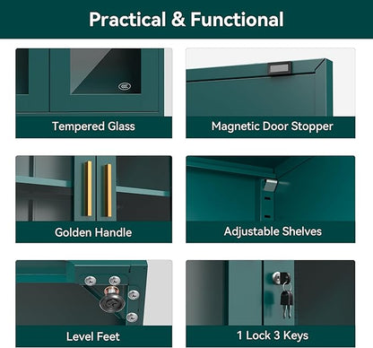 Curio Cabinets with Glass Doors, 71" Glass Display Cabinet with Lock, Tall Bookcase with Adjustable Shelves, Locking China Cabinet for Living Room, School, Commercial, Office, Plant, Green