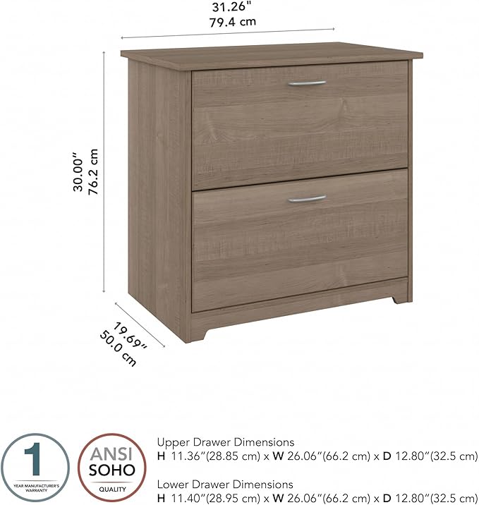 Bush Home Cabot 2 Drawer Lateral File Cabinet in Ash Gray, Home Office Chest for Letter, Legal, and A4-size Document Storage