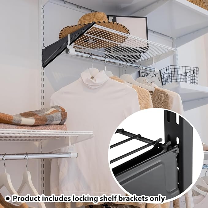 Adjustable Locking Shelf Bracket 16 Inch Shelf Brackets Heavy Duty Wire Shelving Brackets for Deep Wire Shelving Double Track System(Black,6 Pcs)