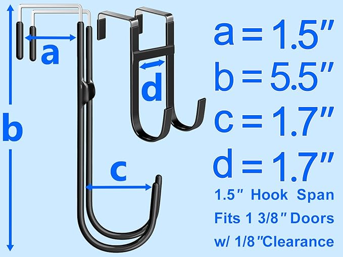 Over the Door Twin Metal Hooks with Plastic Coating 5.5" Fit 0.5" to 1 3/8" Door 2 Sets Heavy Duty Towel Robe Rack Wreath Bathroom Shower Hanger Shoe Organizer Ironing Board Short Black