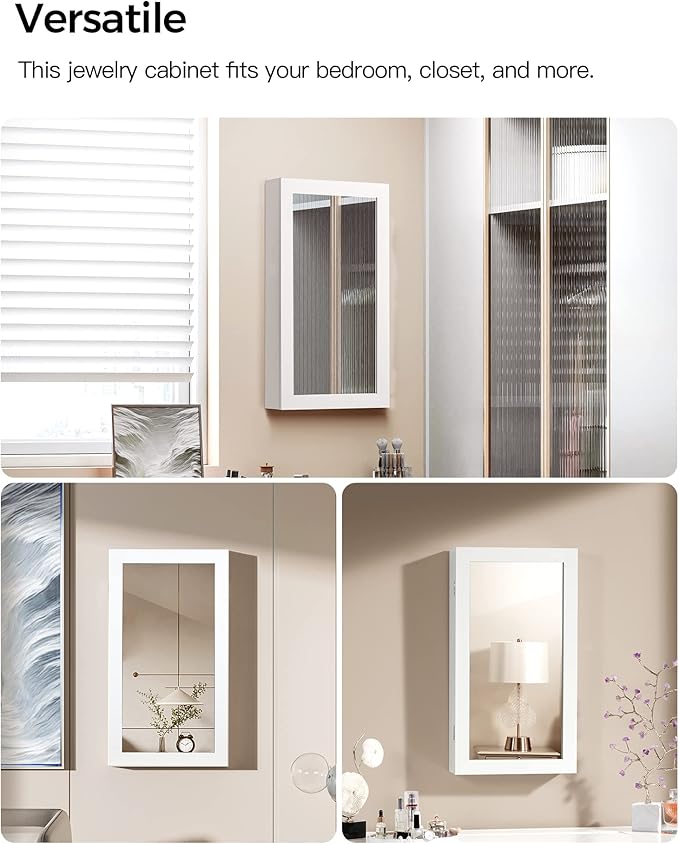 SONGMICS Lockable Jewelry Cabinet Armoire with Mirror, Wall-Mounted Space Saving Jewelry Storage Organizer, White UJJC51WT
