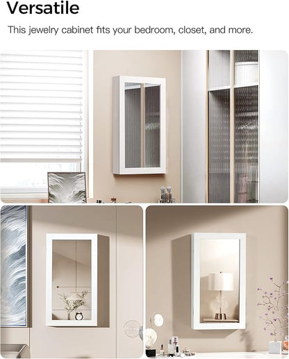 SONGMICS Lockable Jewelry Cabinet Armoire with Mirror, Wall-Mounted Space Saving Jewelry Storage Organizer, White UJJC51WT