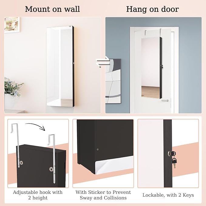 Mirror Jewelry Cabinet,Lockable Wall or Door Mounted Jewelry Armoire Organizer With Built-up Mirror,LED Lights, Drawers,Cosmetic Trays,Shelves, 14.4"x3.15"x 43.1"（Black）